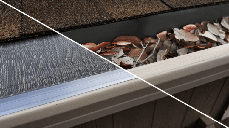 Close-up of a house gutter: the left side features a mesh guard with V-Bend Technology keeping leaves out, while the right side is filled with dry leaves, highlighting the difference between protected and unprotected gutters.